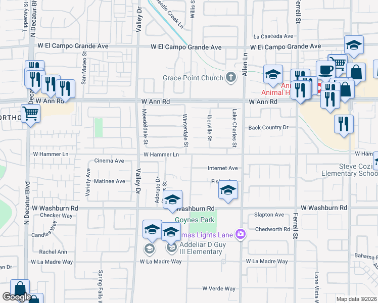 map of restaurants, bars, coffee shops, grocery stores, and more near 5402 Winterdale Street in North Las Vegas