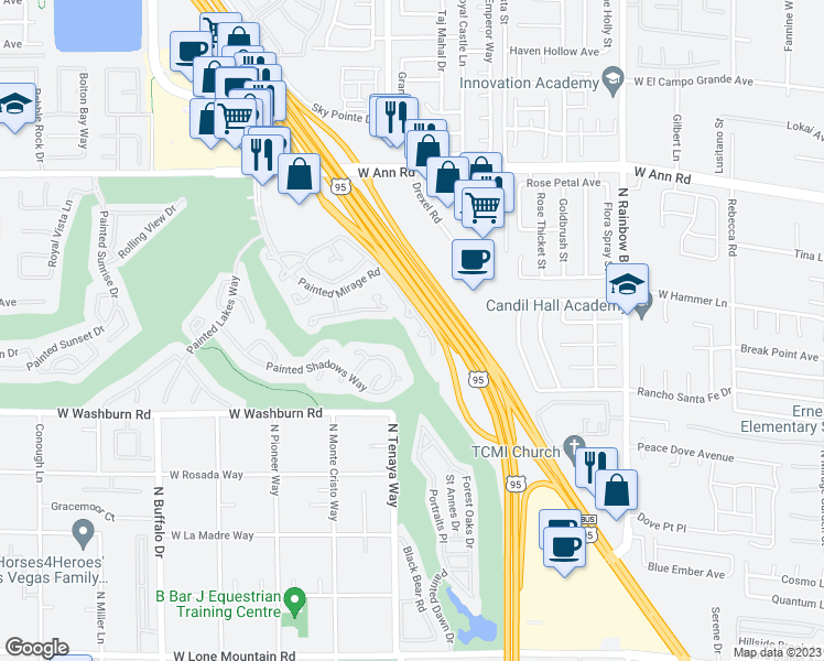 map of restaurants, bars, coffee shops, grocery stores, and more near 5353 Painted Mirage Road in Las Vegas