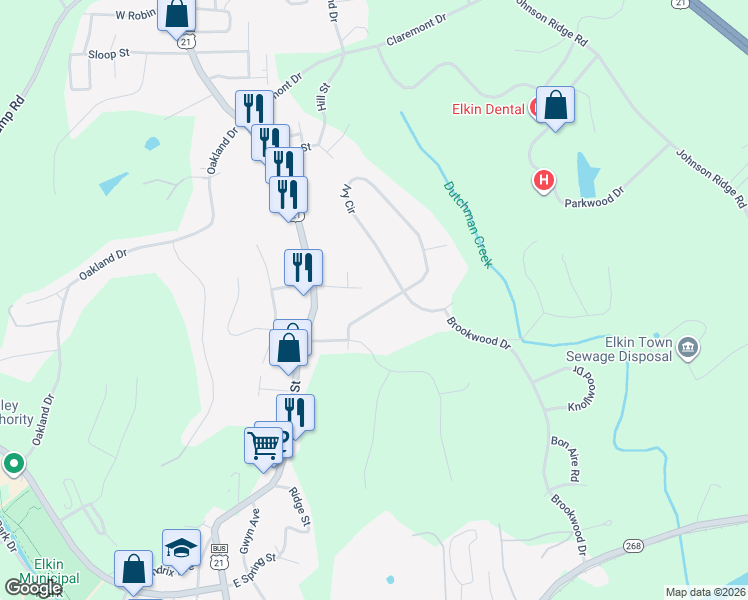 map of restaurants, bars, coffee shops, grocery stores, and more near 147 Dutchman Creek Road in Elkin