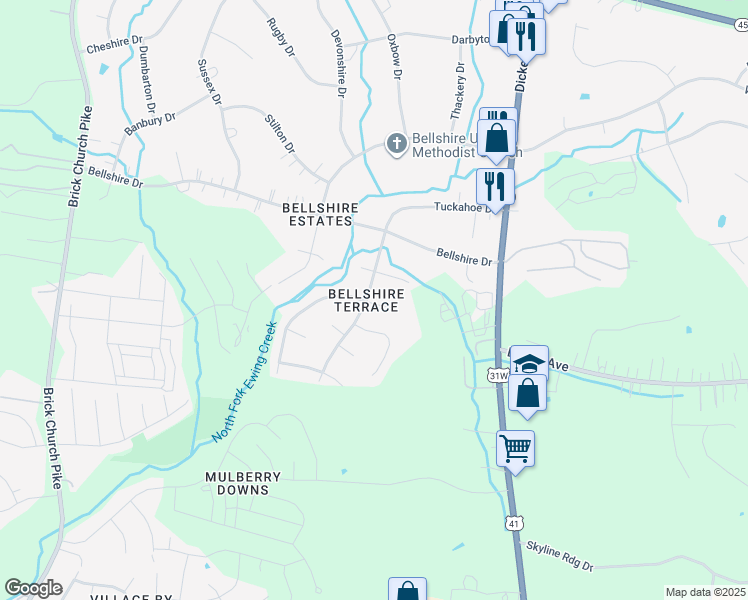 map of restaurants, bars, coffee shops, grocery stores, and more near 1227 Tuckahoe Drive in Nashville
