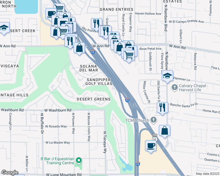 map of restaurants, bars, coffee shops, grocery stores, and more near 5353 Painted Mirage Road in Las Vegas