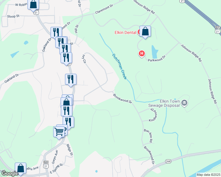 map of restaurants, bars, coffee shops, grocery stores, and more near 147 Dillon Avenue in Elkin