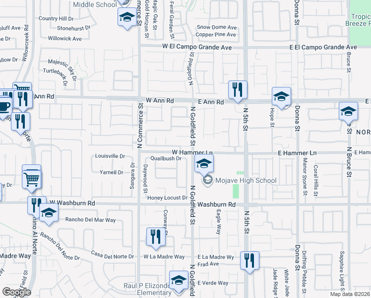map of restaurants, bars, coffee shops, grocery stores, and more near 13 Beaver Ridge Avenue in North Las Vegas