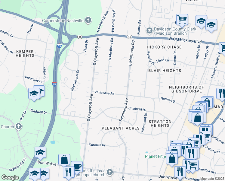 map of restaurants, bars, coffee shops, grocery stores, and more near 609 Vantrease Road in Nashville