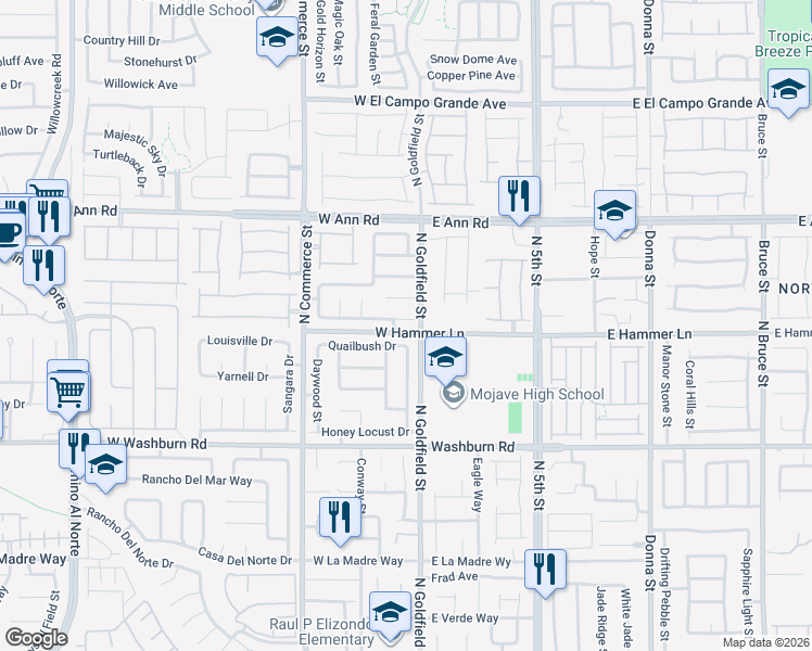 map of restaurants, bars, coffee shops, grocery stores, and more near 13 Beaver Ridge Avenue in North Las Vegas