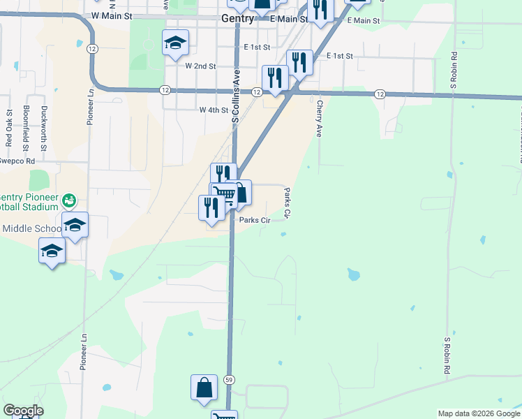 map of restaurants, bars, coffee shops, grocery stores, and more near 1051 Ringo Drive in Gentry
