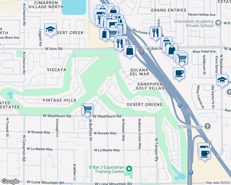 map of restaurants, bars, coffee shops, grocery stores, and more near 7449 Desert Flame in Las Vegas