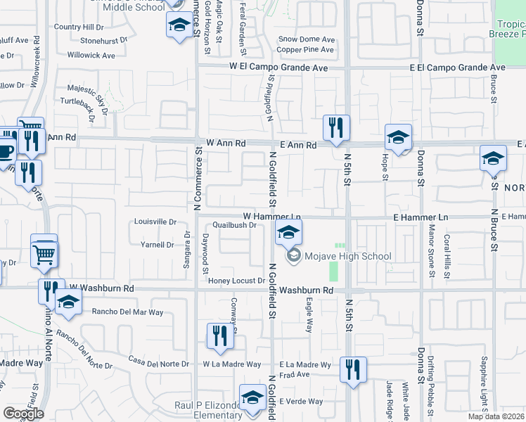 map of restaurants, bars, coffee shops, grocery stores, and more near 13 Beaver Ridge Avenue in North Las Vegas