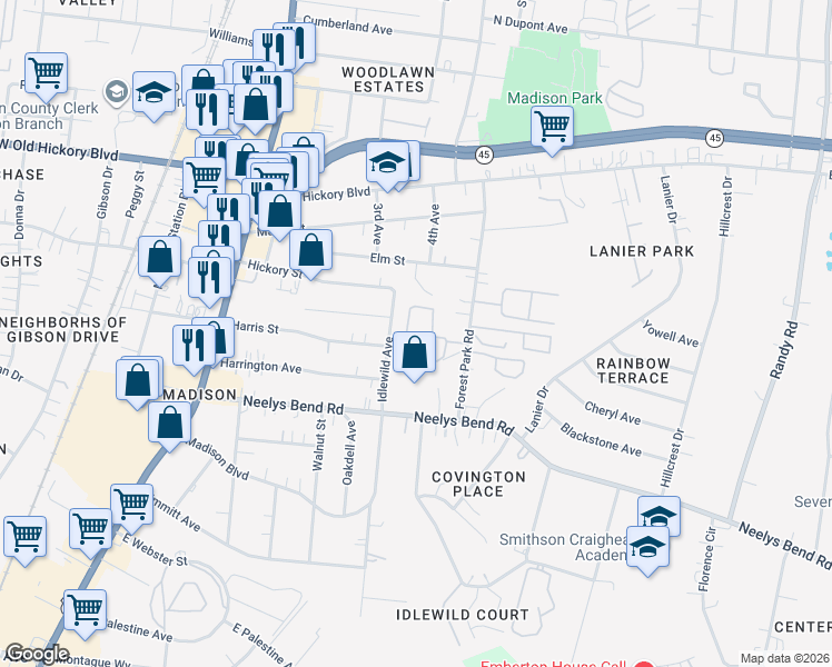 map of restaurants, bars, coffee shops, grocery stores, and more near 400 Forest Park Road in Nashville