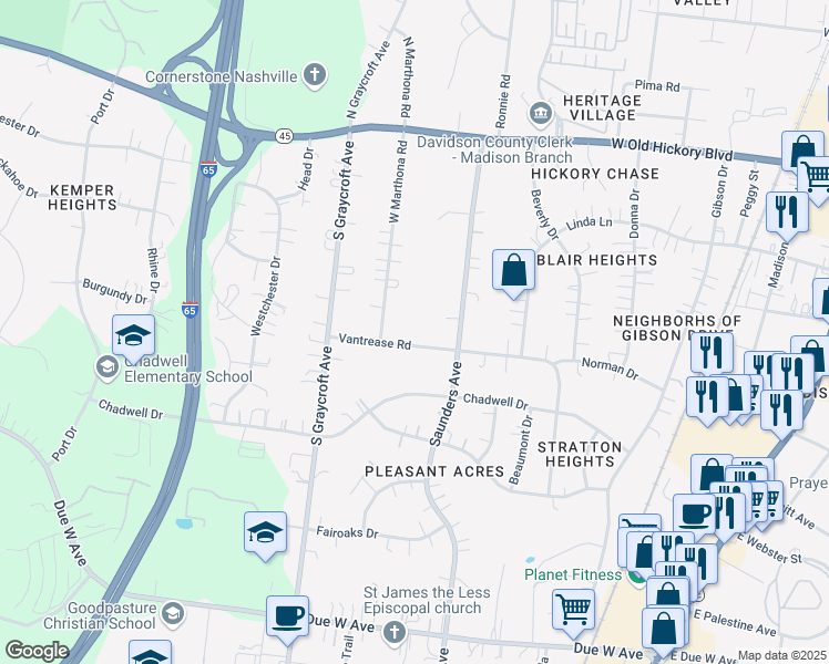 map of restaurants, bars, coffee shops, grocery stores, and more near 609 Vantrease Road in Nashville