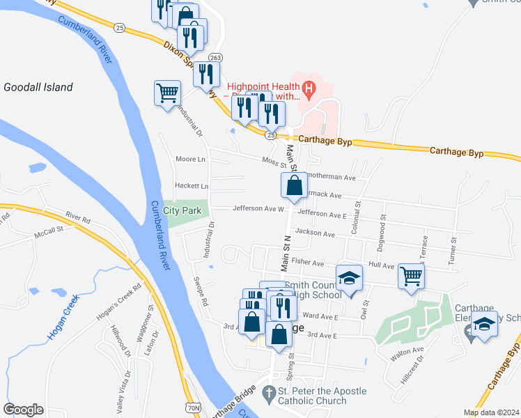 map of restaurants, bars, coffee shops, grocery stores, and more near 121 Jefferson Avenue West in Carthage