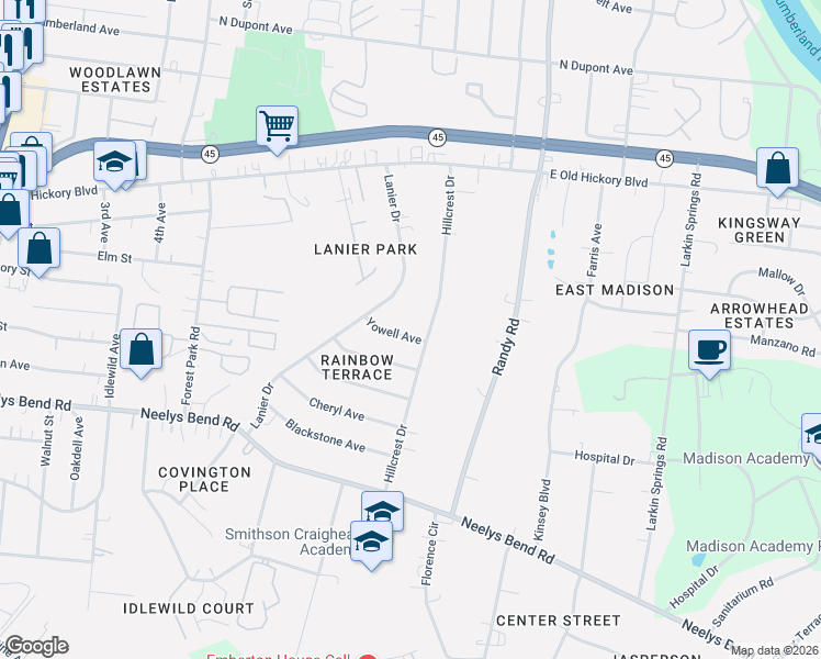 map of restaurants, bars, coffee shops, grocery stores, and more near 723 Yowell Avenue in Nashville