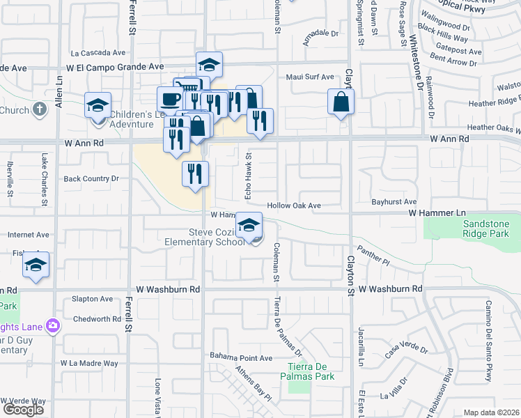 map of restaurants, bars, coffee shops, grocery stores, and more near 2409 Hollow Oak Avenue in North Las Vegas