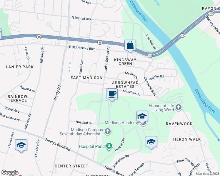 map of restaurants, bars, coffee shops, grocery stores, and more near 317 Manzano Road in Nashville