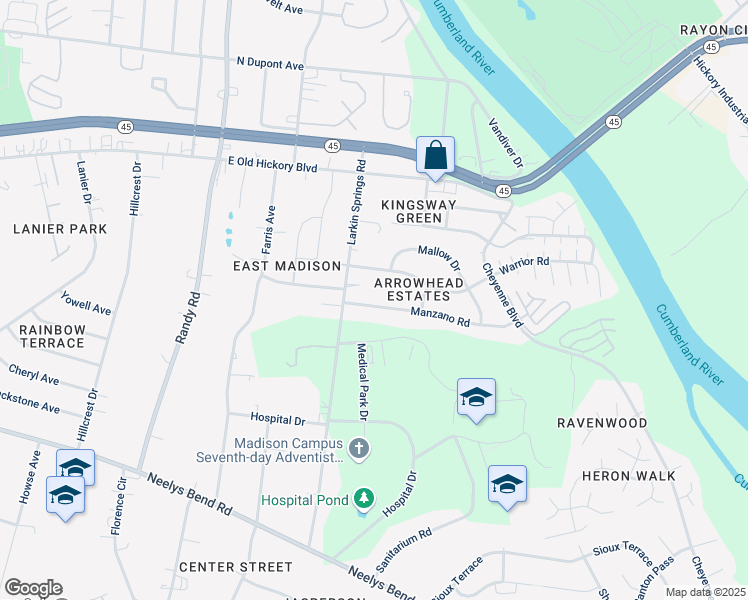 map of restaurants, bars, coffee shops, grocery stores, and more near 317 Manzano Road in Nashville
