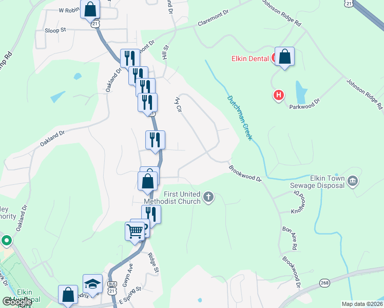 map of restaurants, bars, coffee shops, grocery stores, and more near 147 Dutchman Creek Road in Elkin