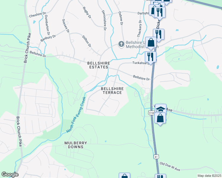 map of restaurants, bars, coffee shops, grocery stores, and more near 1300 Bellshire Terrace Drive in Nashville