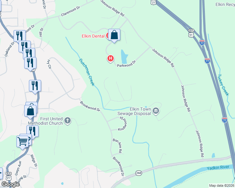 map of restaurants, bars, coffee shops, grocery stores, and more near 126 Holly Hill Drive in Elkin