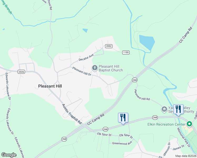 map of restaurants, bars, coffee shops, grocery stores, and more near 592 Pleasant Hill Drive in Elkin
