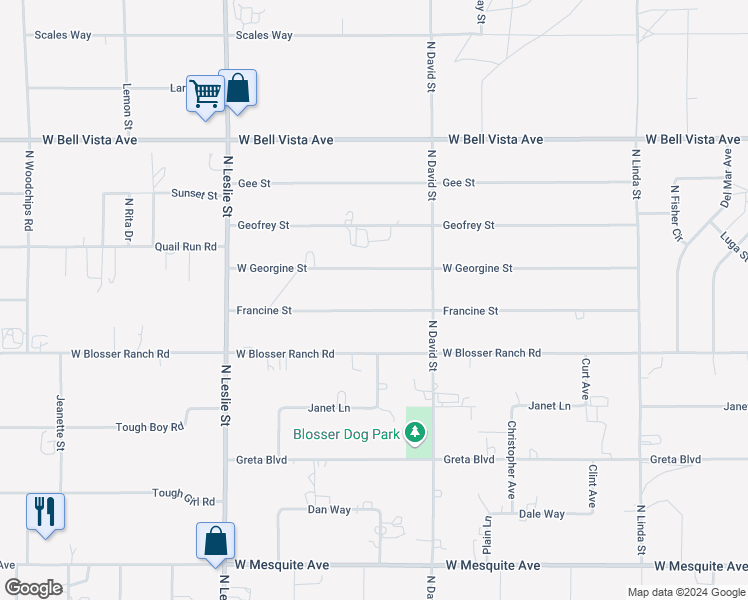 map of restaurants, bars, coffee shops, grocery stores, and more near 1640 Francine Street in Pahrump