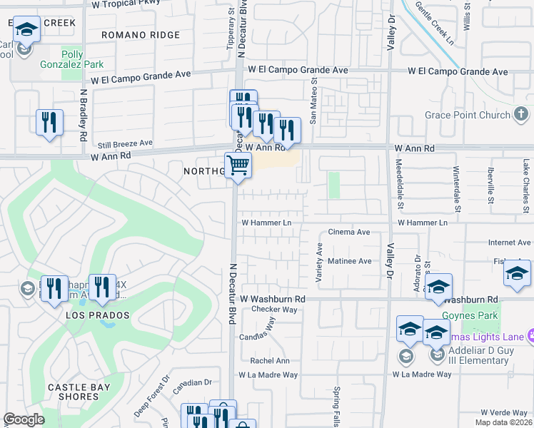map of restaurants, bars, coffee shops, grocery stores, and more near 5405 Peony Court in North Las Vegas