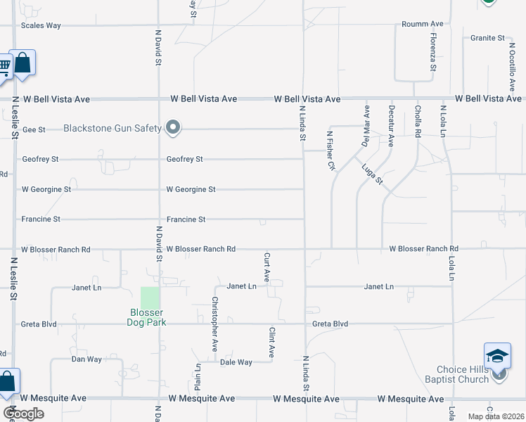 map of restaurants, bars, coffee shops, grocery stores, and more near 1140 Francine Street in Pahrump