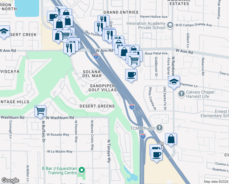 map of restaurants, bars, coffee shops, grocery stores, and more near 5365 Painted Mirage Road in Las Vegas