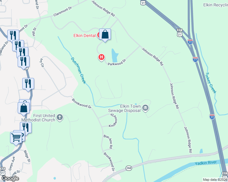 map of restaurants, bars, coffee shops, grocery stores, and more near 126 Holly Hill Drive in Elkin