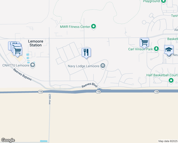 map of restaurants, bars, coffee shops, grocery stores, and more near 800 Bon Homme Richard in Lemoore