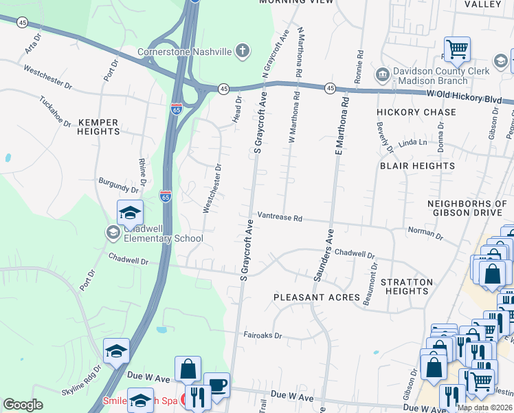 map of restaurants, bars, coffee shops, grocery stores, and more near 501 Vantrease Road in Nashville