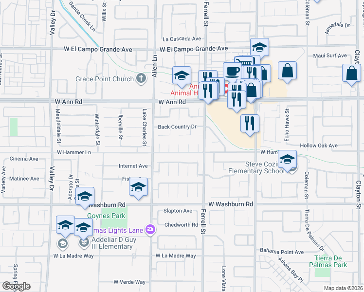 map of restaurants, bars, coffee shops, grocery stores, and more near 5404 Lemhi Court in North Las Vegas