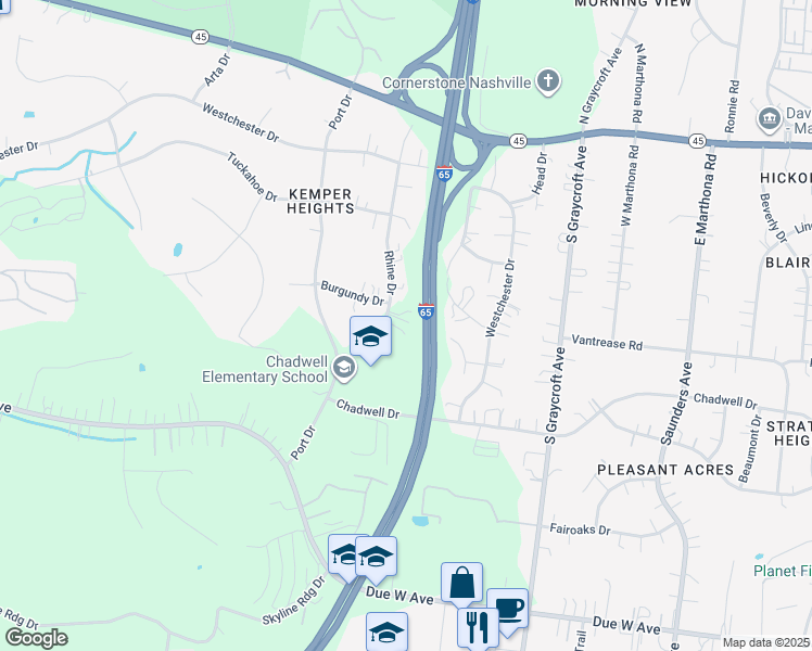 map of restaurants, bars, coffee shops, grocery stores, and more near 205 Rhine Drive in Nashville