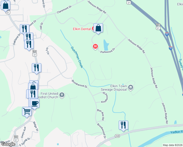 map of restaurants, bars, coffee shops, grocery stores, and more near 145 Valleybrook Drive in Elkin