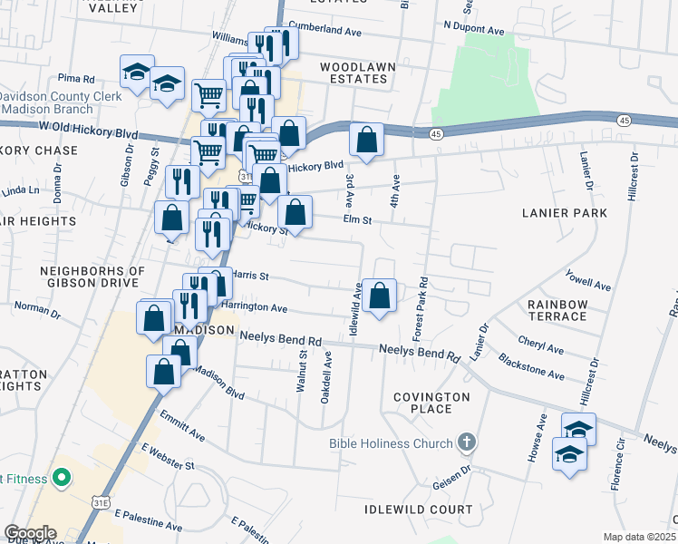 map of restaurants, bars, coffee shops, grocery stores, and more near 333 Harris Street in Nashville