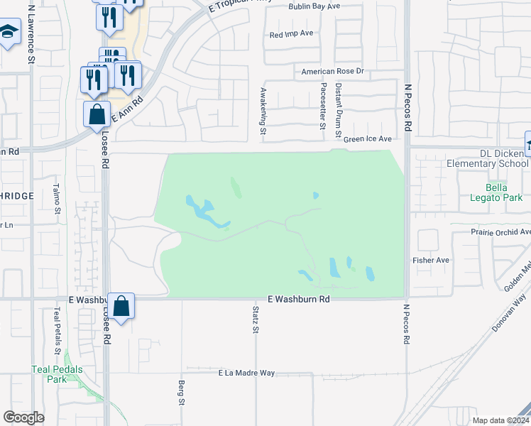 map of restaurants, bars, coffee shops, grocery stores, and more near 3 Shadow Creek Drive in North Las Vegas