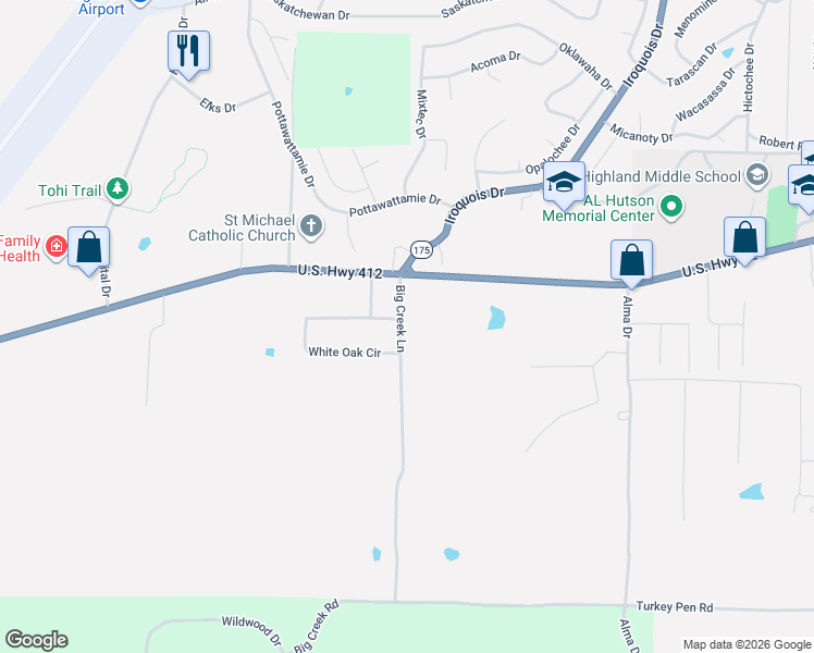 map of restaurants, bars, coffee shops, grocery stores, and more near 25 Big Creek Lane in Highland