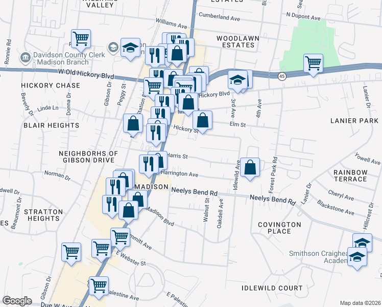 map of restaurants, bars, coffee shops, grocery stores, and more near 141 Harris Street in Nashville