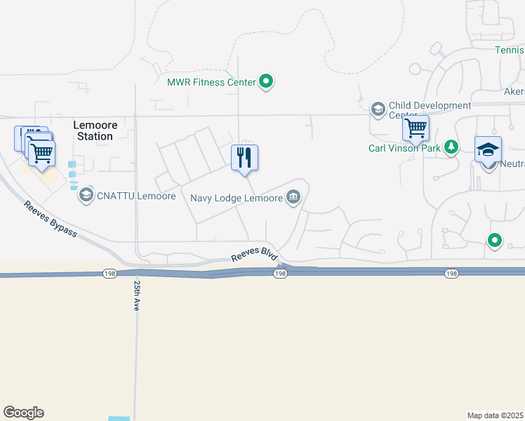 map of restaurants, bars, coffee shops, grocery stores, and more near 800 Bon Homme Richard in Lemoore