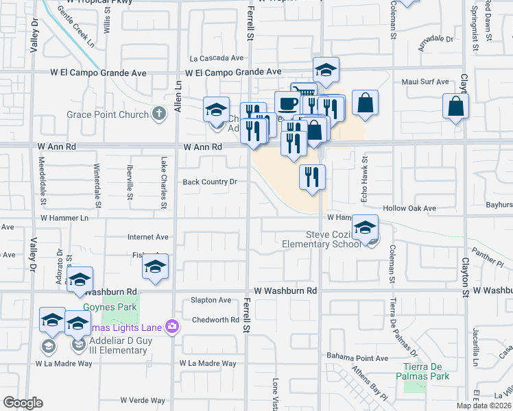 map of restaurants, bars, coffee shops, grocery stores, and more near 3216 West Hammer Lane in North Las Vegas