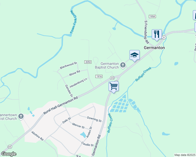 map of restaurants, bars, coffee shops, grocery stores, and more near 2290 Memory Lane in Germanton