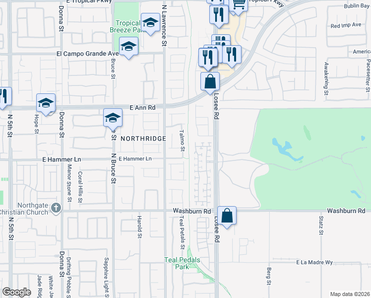 map of restaurants, bars, coffee shops, grocery stores, and more near 5420 Talmo Street in North Las Vegas