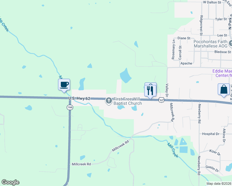 map of restaurants, bars, coffee shops, grocery stores, and more near 284 U.S. 62 in Pocahontas