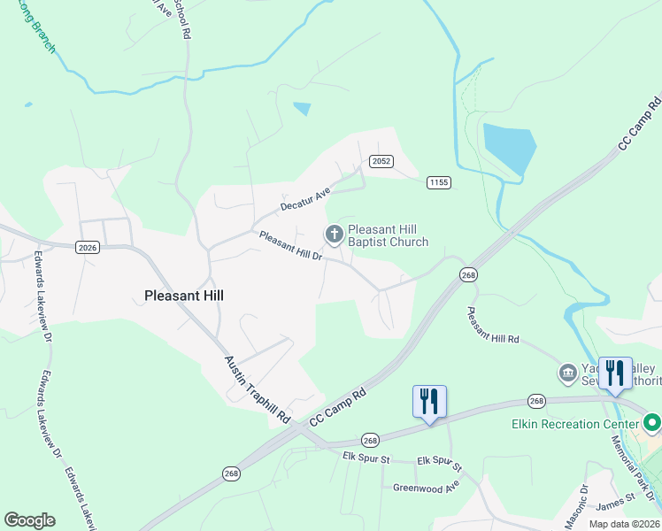 map of restaurants, bars, coffee shops, grocery stores, and more near 592 Pleasant Hill Drive in Elkin
