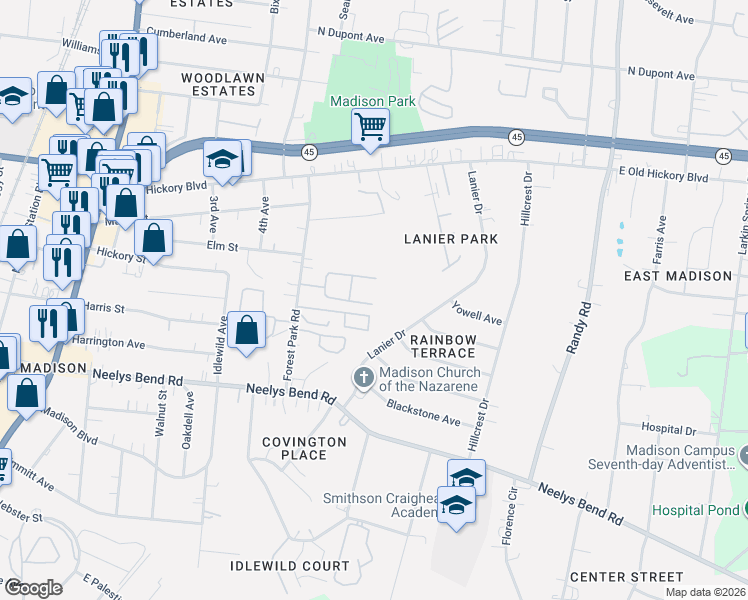 map of restaurants, bars, coffee shops, grocery stores, and more near 9-1 Forest Park Court in Nashville