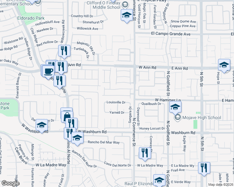 map of restaurants, bars, coffee shops, grocery stores, and more near 408 Colorful Rain Avenue in North Las Vegas