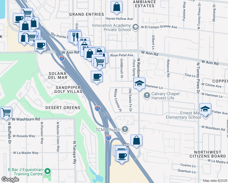 map of restaurants, bars, coffee shops, grocery stores, and more near 5333 White Coyote Place in Las Vegas