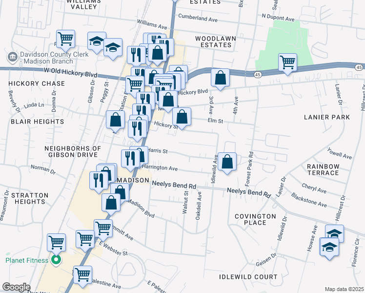 map of restaurants, bars, coffee shops, grocery stores, and more near 200 Harris Street in Nashville