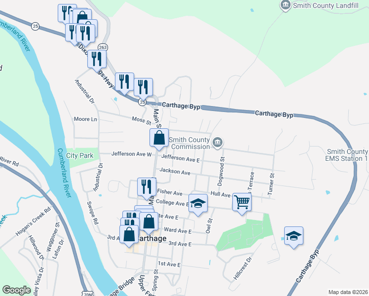 map of restaurants, bars, coffee shops, grocery stores, and more near 215 Jefferson Avenue East in Carthage