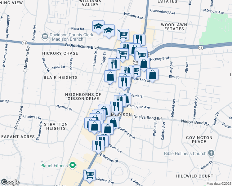 map of restaurants, bars, coffee shops, grocery stores, and more near 224 Madison Street in Nashville