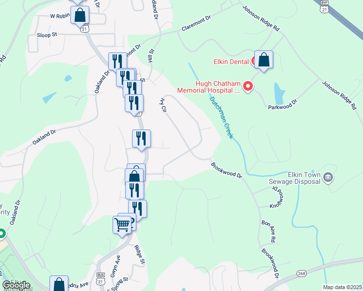 map of restaurants, bars, coffee shops, grocery stores, and more near 115 Ivy Circle in Elkin